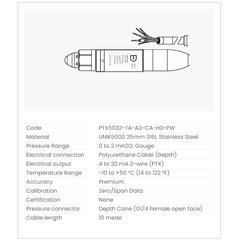 Druck Trykksensor PTX5032, 0-2mH2Og PTX5032-TA-A3-CA-H0-PW, 10m kabel