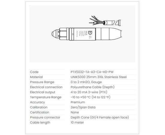 Druck Trykksensor PTX5032, 0-2mH2Og PTX5032-TA-A3-CA-H0-PW, 10m kabel 