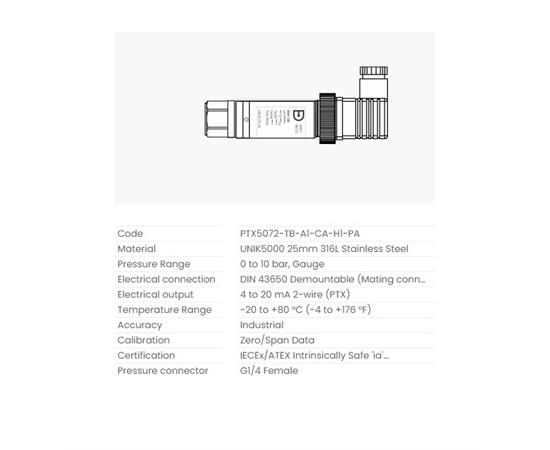 Druck Trykksensor PTX5072, 0-10 barg PTX5072-TB-A1-CA-H1-PA 