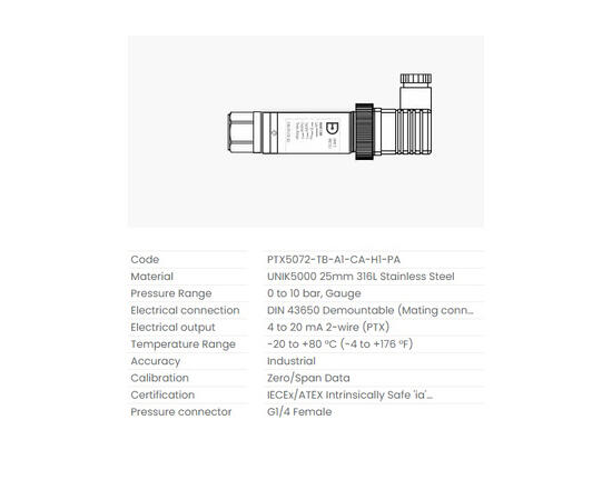 Druck Trykksensor PTX5072, 0-10 barg PTX5072-TB-A1-CA-H1-PA 